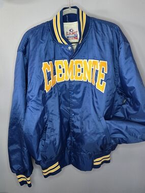 Vintage Nylon Game Sportswear Ltd. Blue and yellow gold baseball bomber jacket